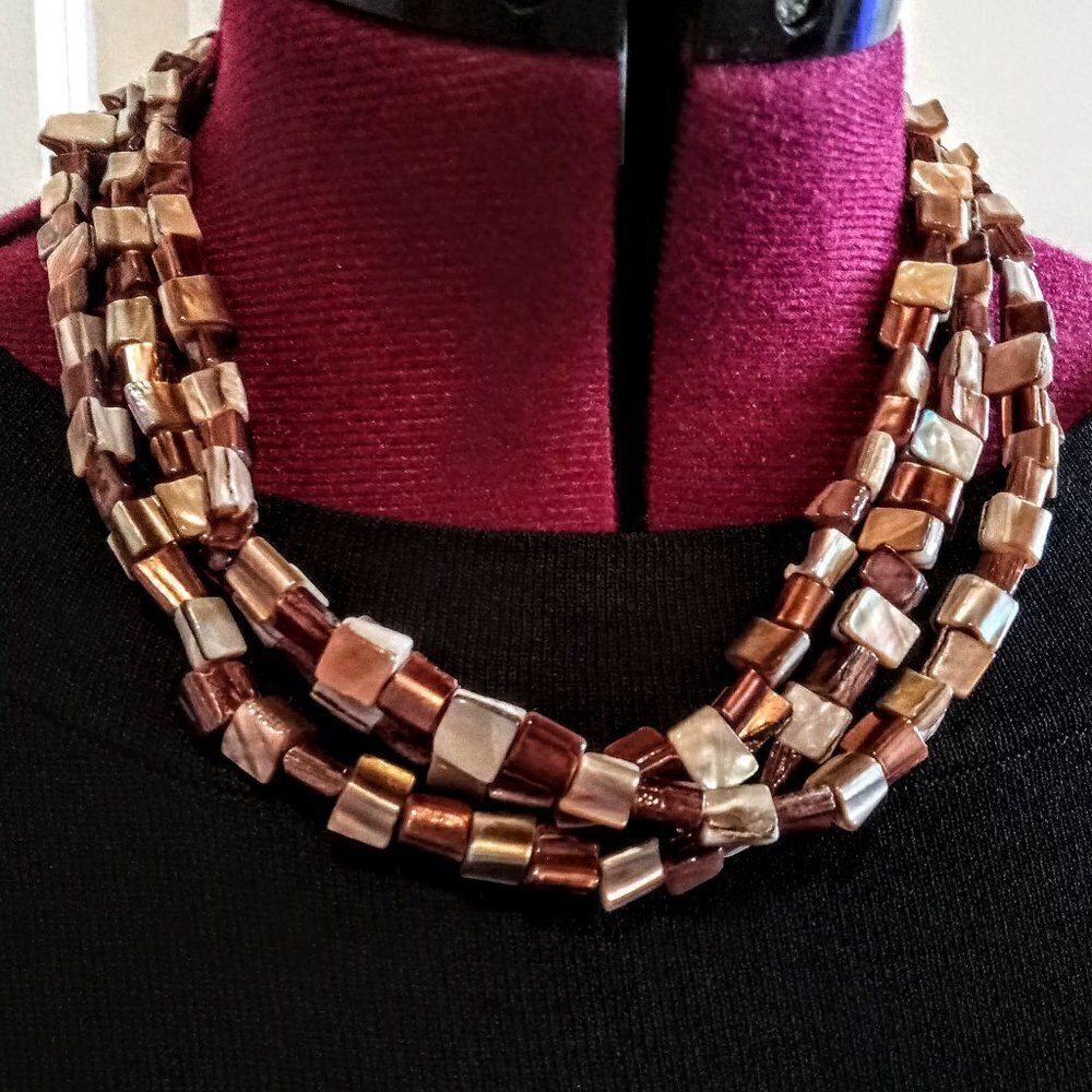 Brown Cream Triple Strand Pearlized Square Bead Necklace